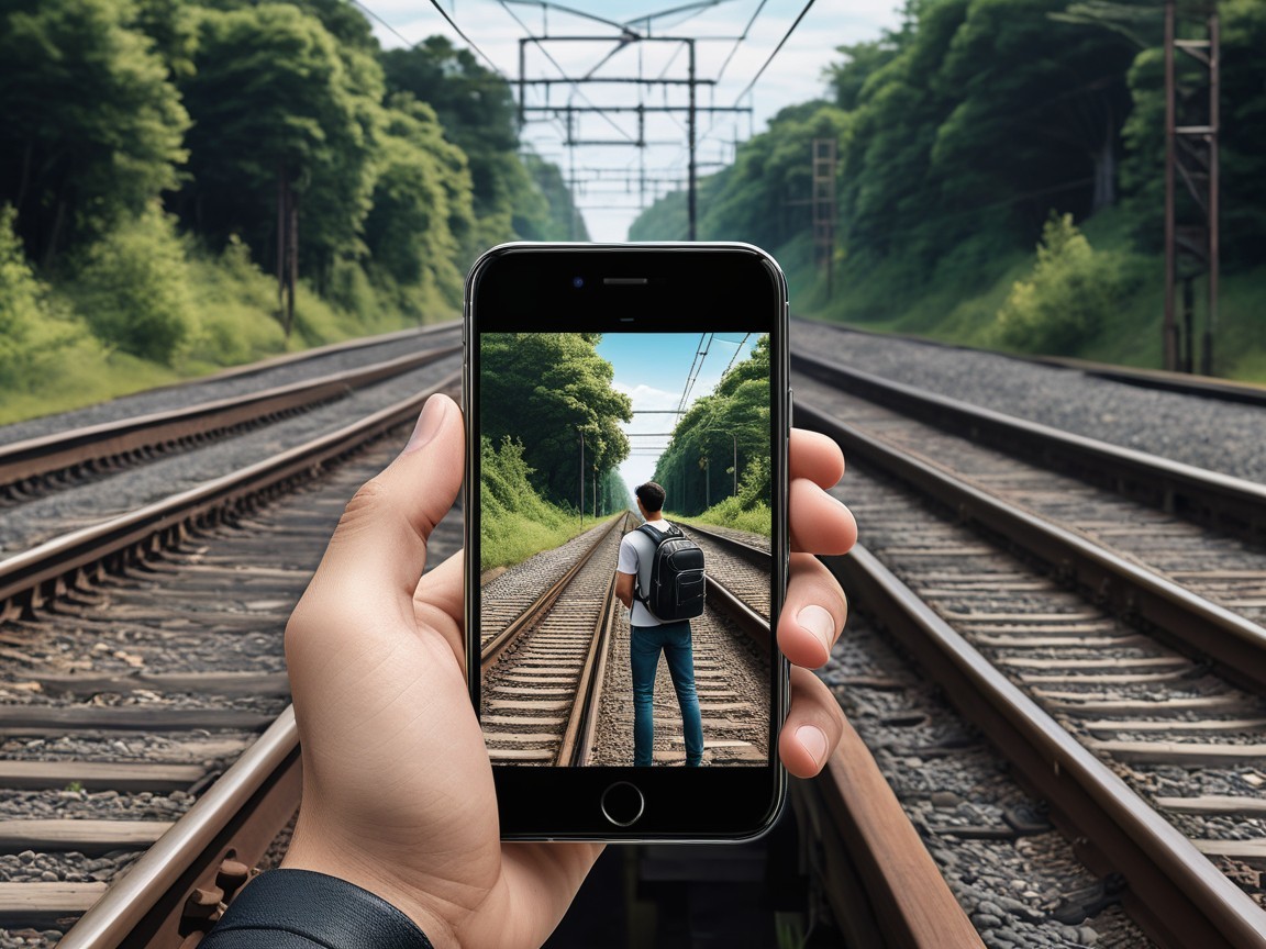 Person at Railway Tracks with Smartphone Displaying Scene
