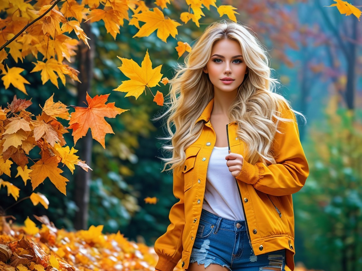 Young Woman in Autumn Setting with Colorful Leaves