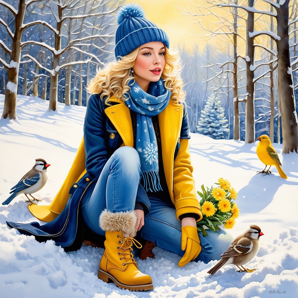 Stylish Woman in Yellow Coat in Snowy Landscape