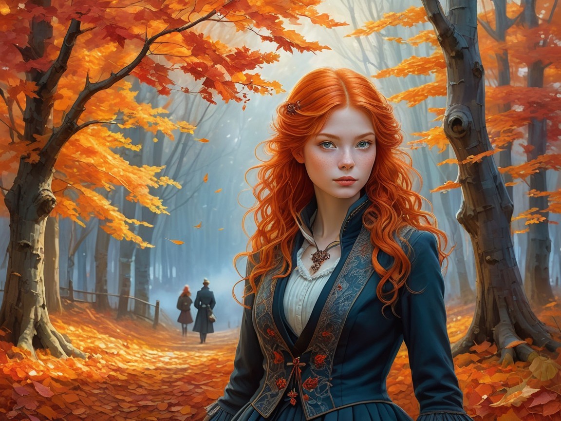 Young Woman in Dark Outfit in Autumn Forest Setting