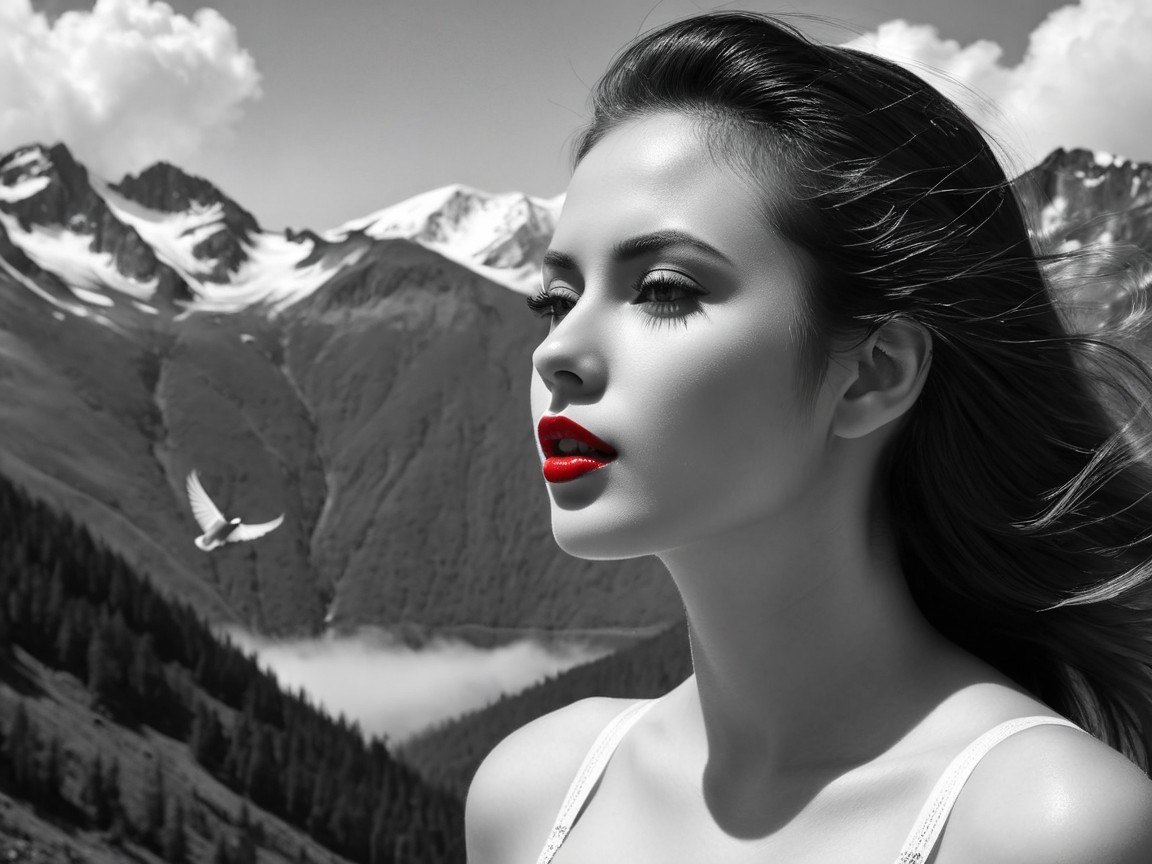 Black and White Portrait of Woman with Mountain Backdrop