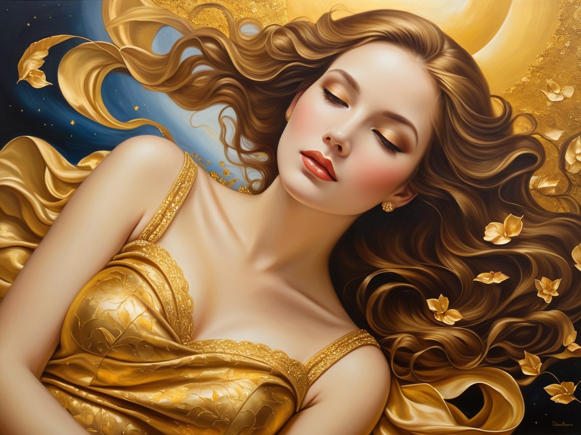 Serene Woman in Gold Gown Against Dreamlike Blue Background