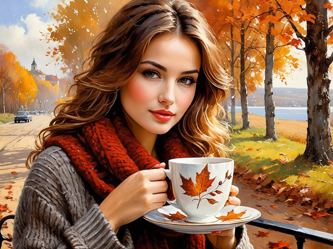 Young woman in cozy sweater enjoys tea outdoors in fall