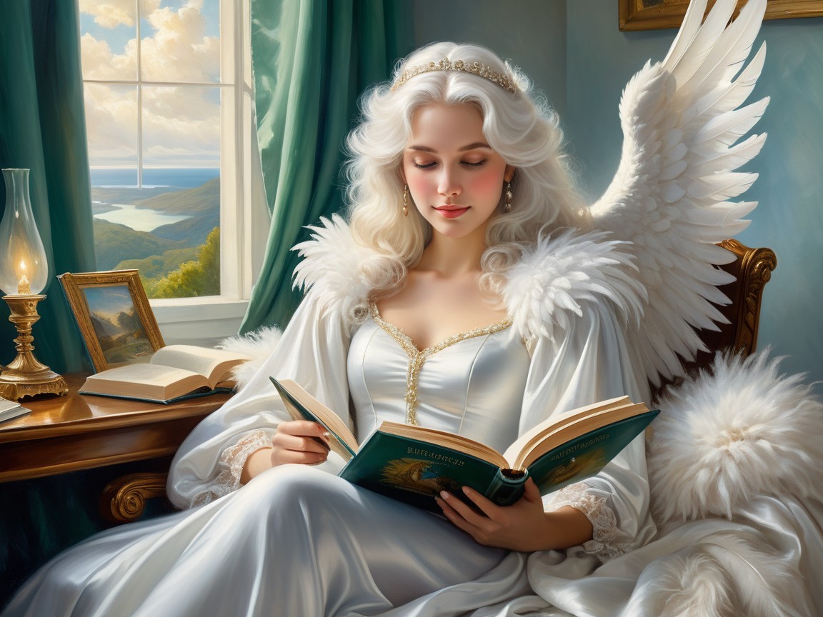 Serene Angelic Figure Reading in Sunlit Room