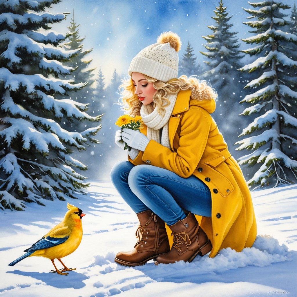 Woman in Yellow Coat with Dandelions in Snowy Forest