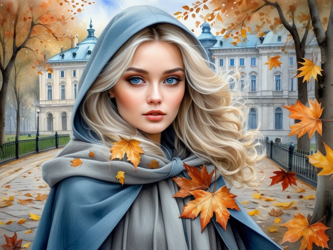 Young Woman in Cloak Amidst Autumn Landscape