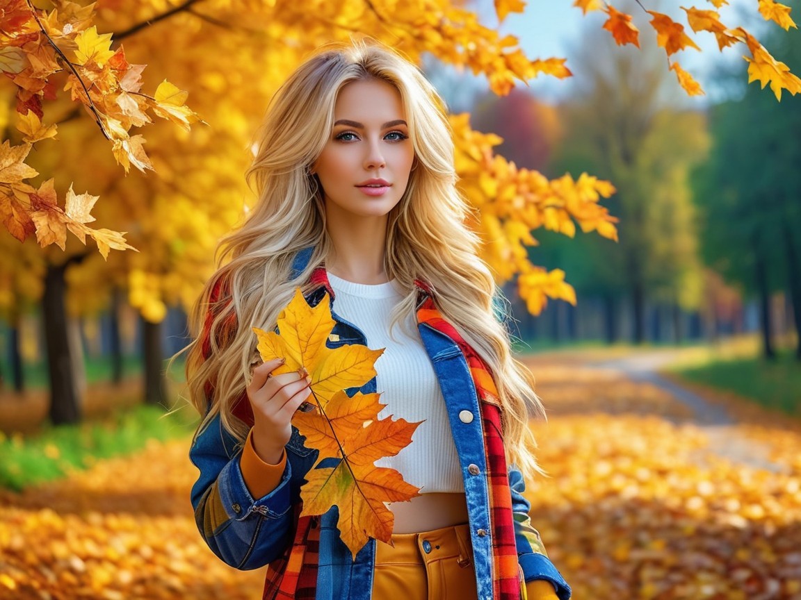 Young Woman in Autumn Park with Golden Leaves