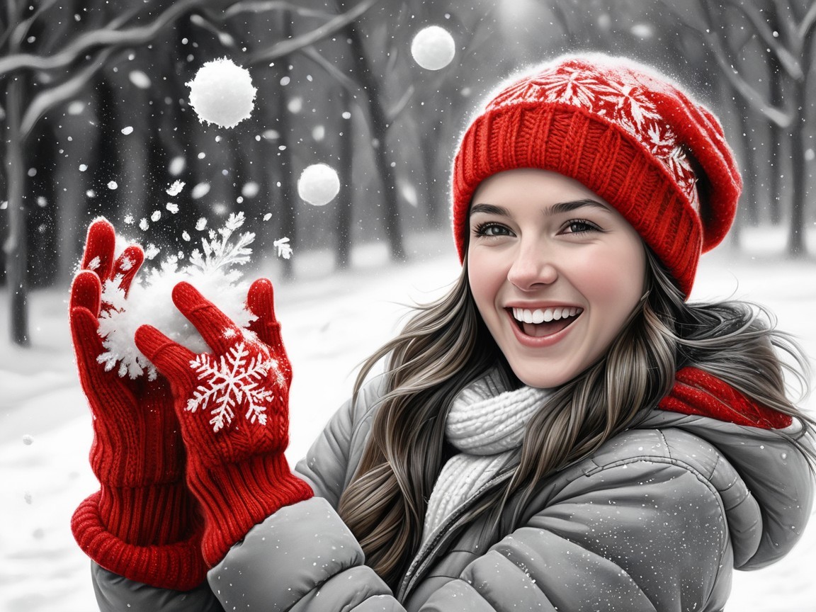 Cheerful Woman in Winter Landscape with Snowball