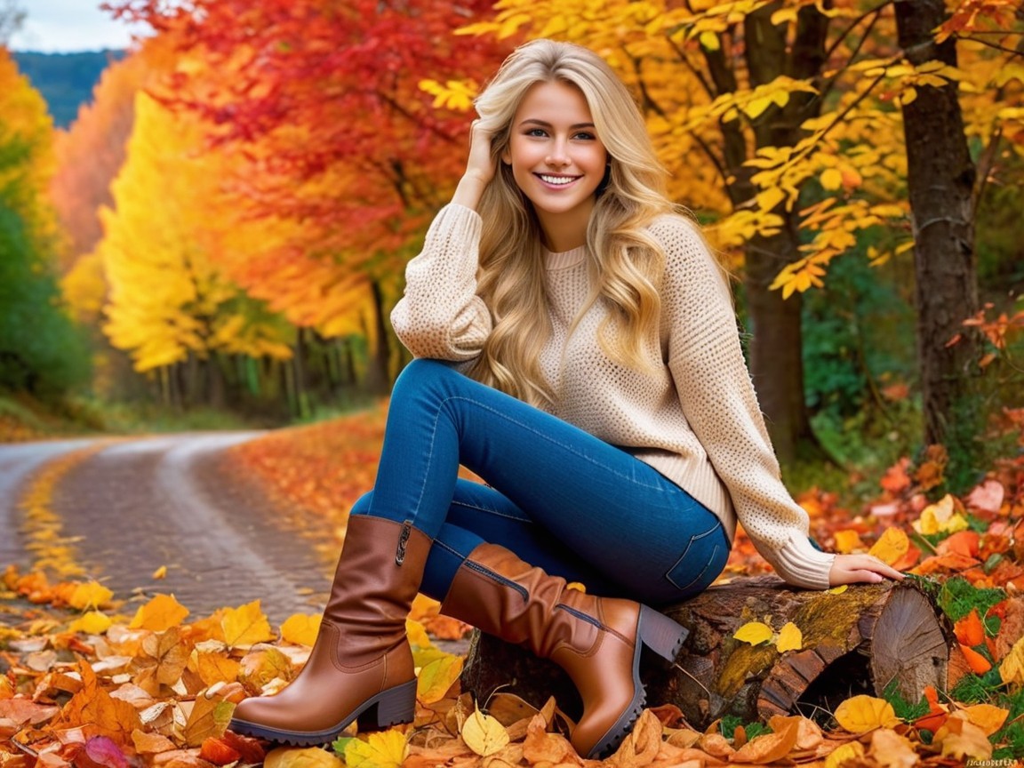 Young woman on log in vibrant autumn scenery