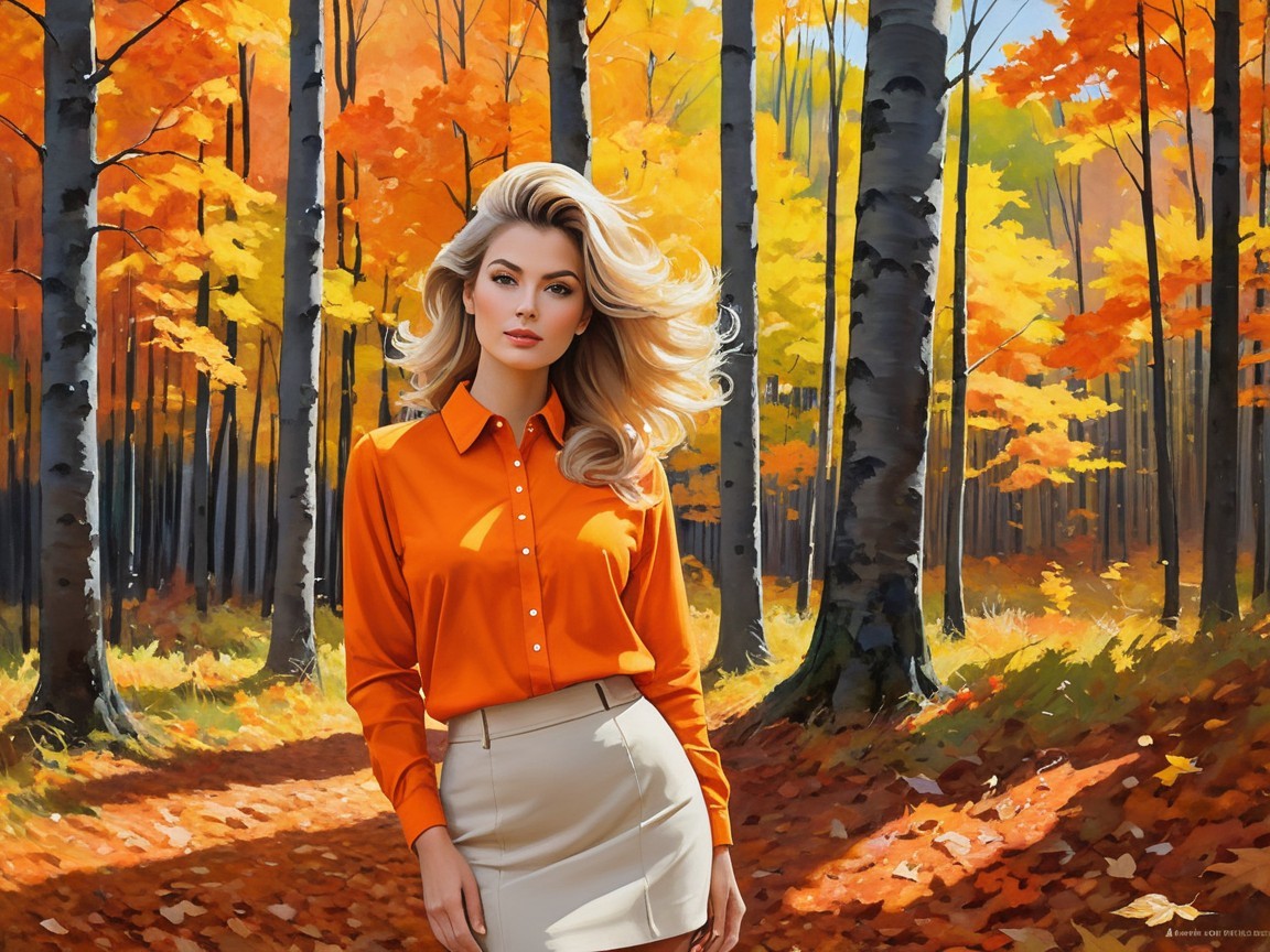 Autumn Forest Scene with Woman in Bright Outfit