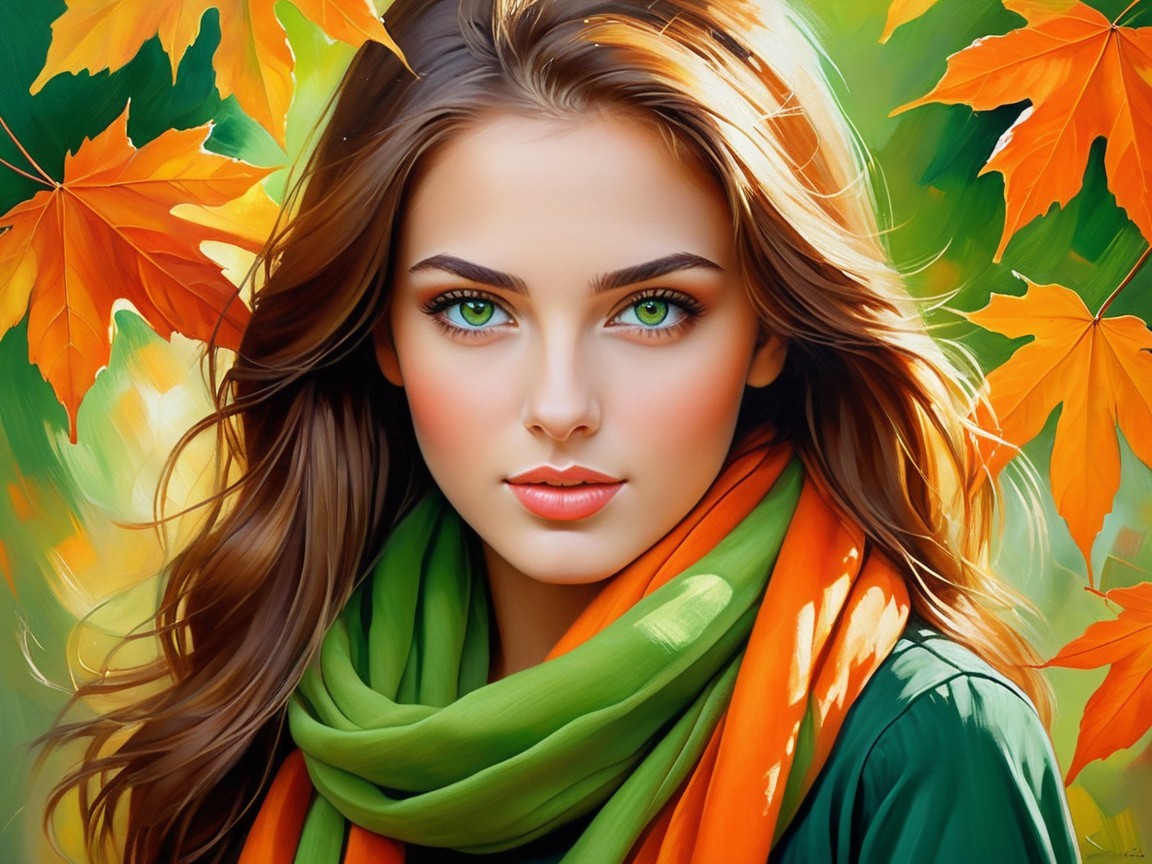 Young woman with green eyes in autumn setting