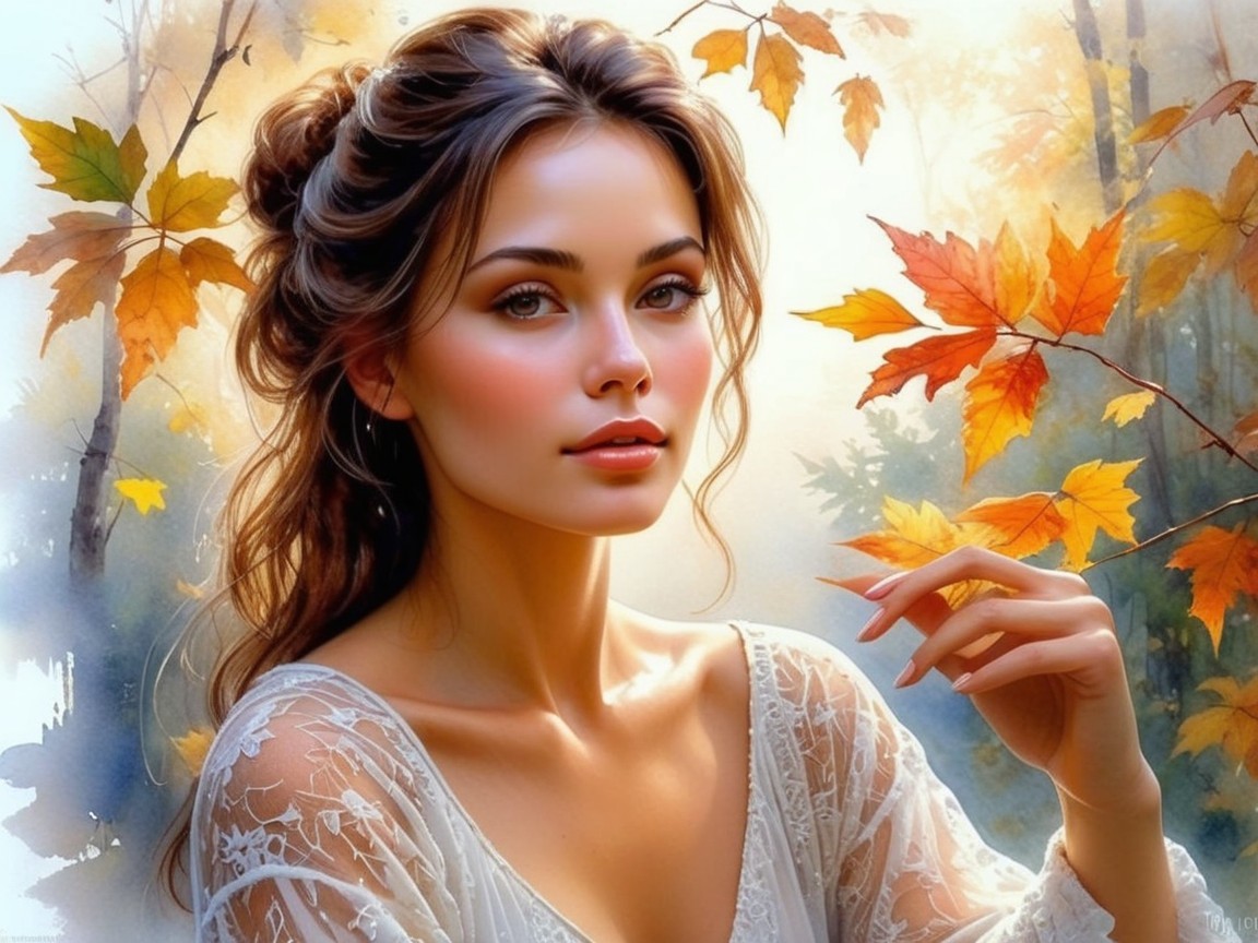 Young woman in white dress among autumn leaves