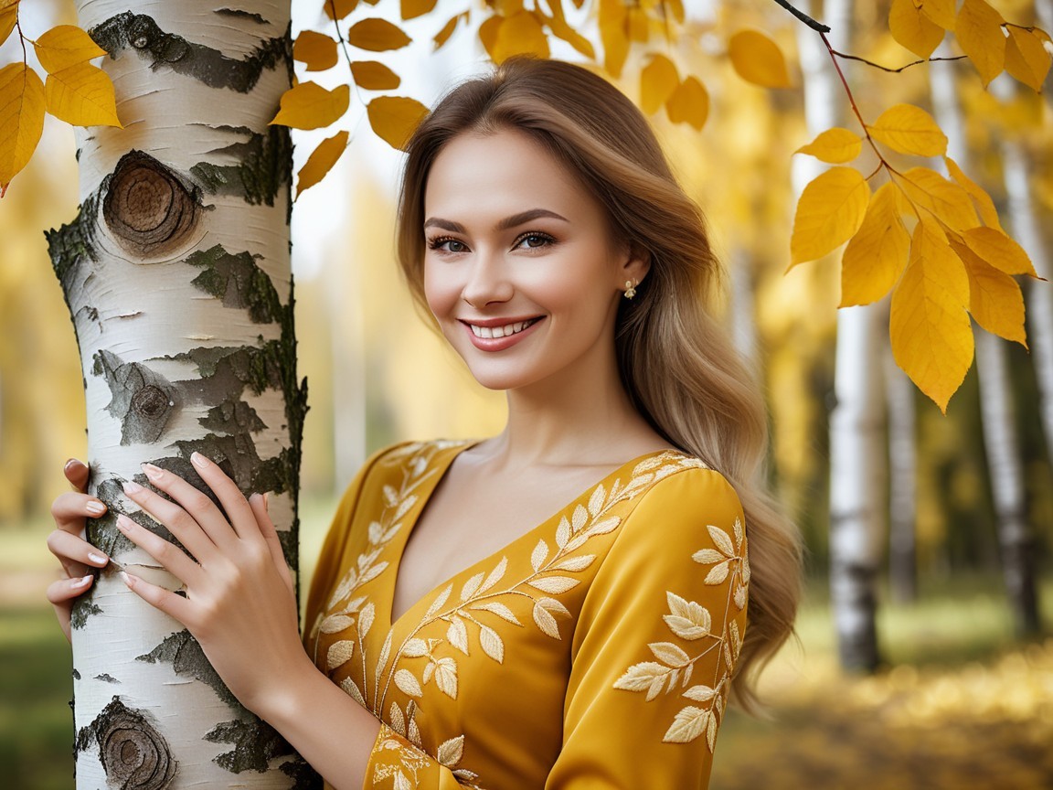 Young Woman in Mustard Dress by Birch Tree in Autumn