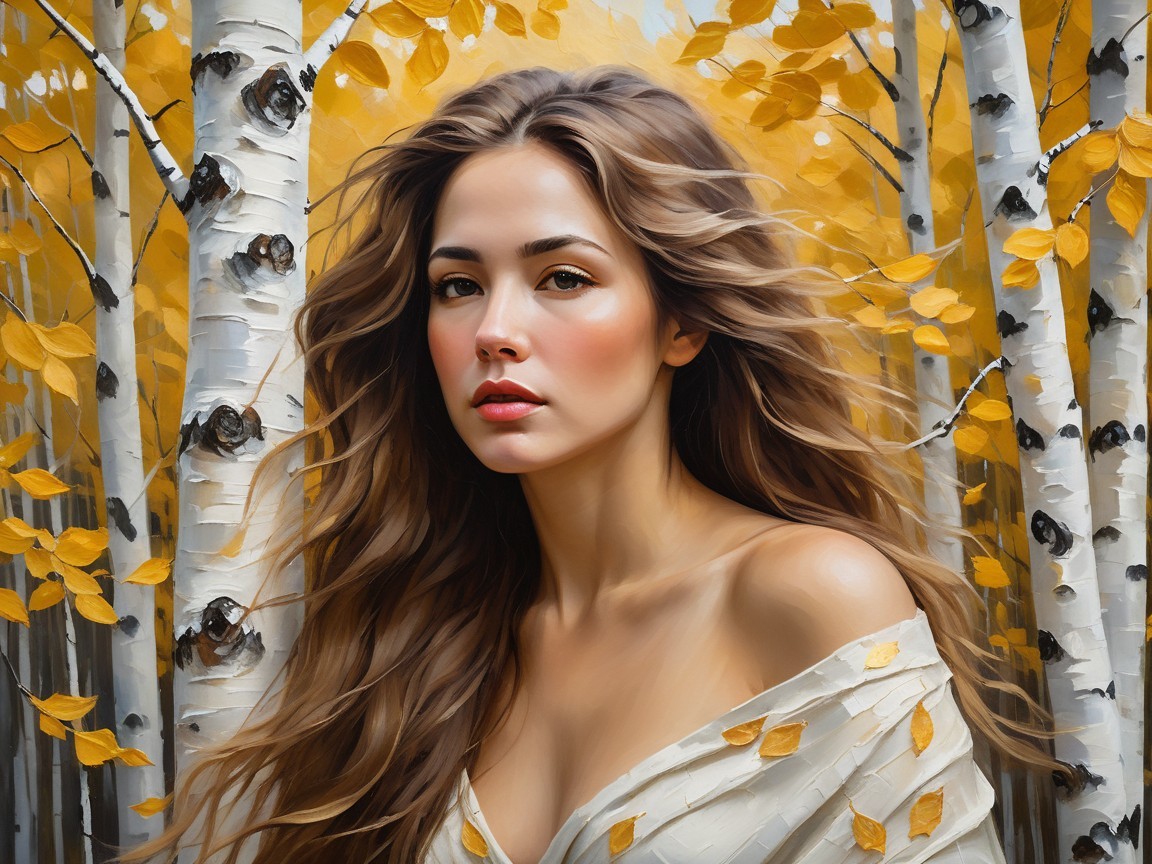 Young Woman in Birch Grove with Autumn Leaves