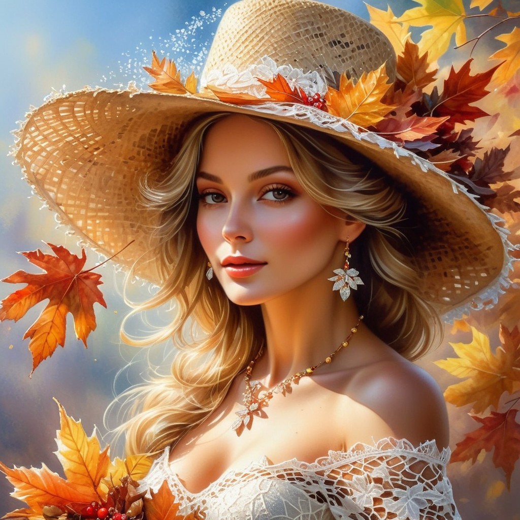 Woman in Straw Hat Surrounded by Autumn Colors