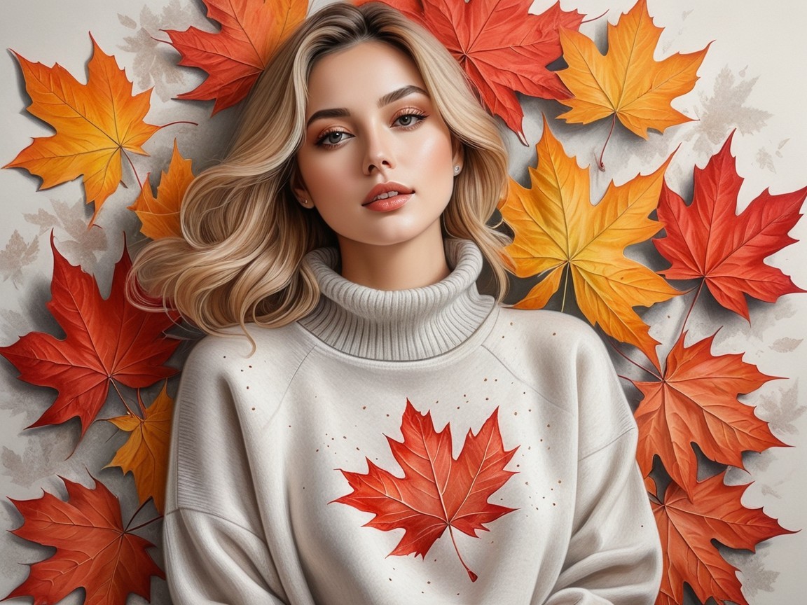 Young Woman in Sweater Amid Autumn Leaves