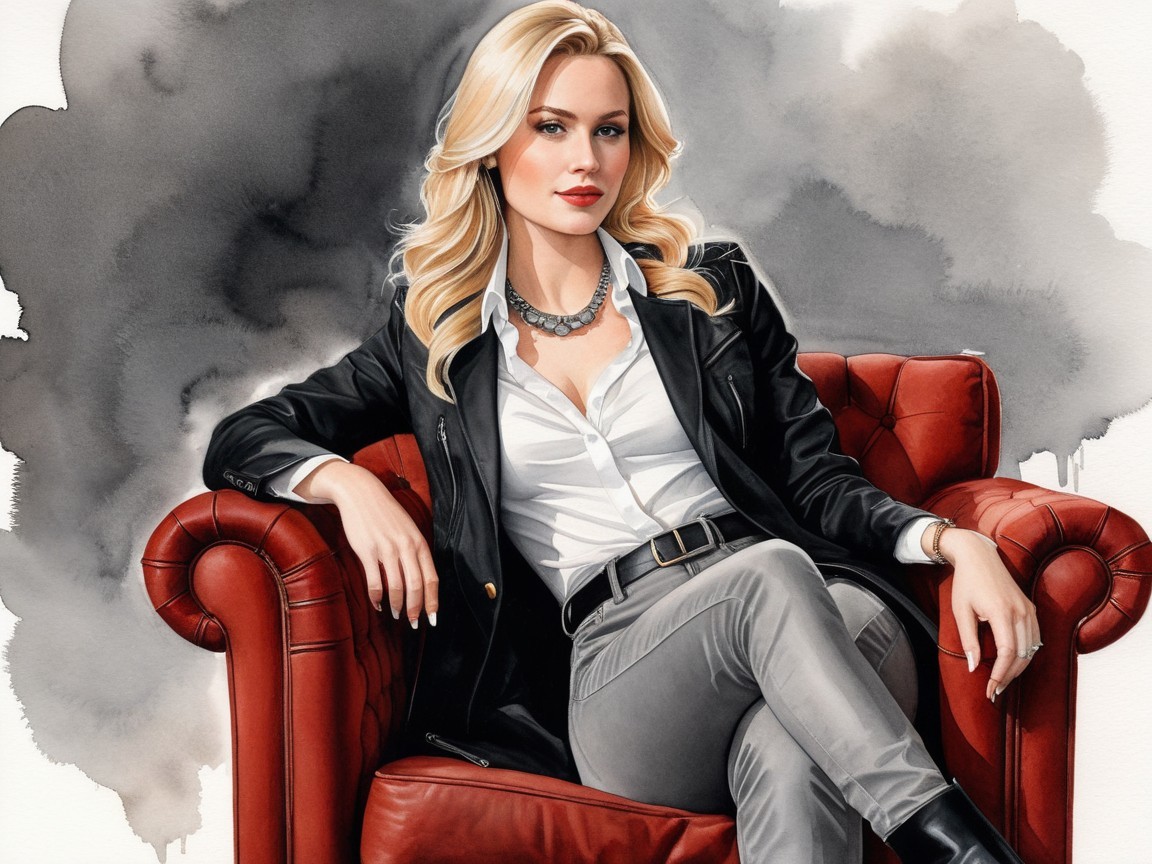 Stylish Woman in Black Jacket on Red Leather Chair