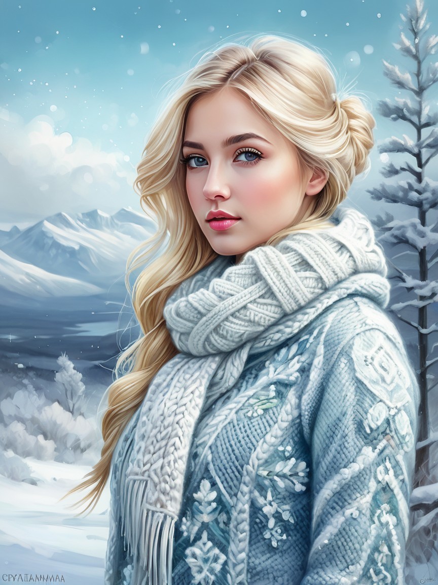 Young Woman in Sweater Against Snowy Mountain Scene
