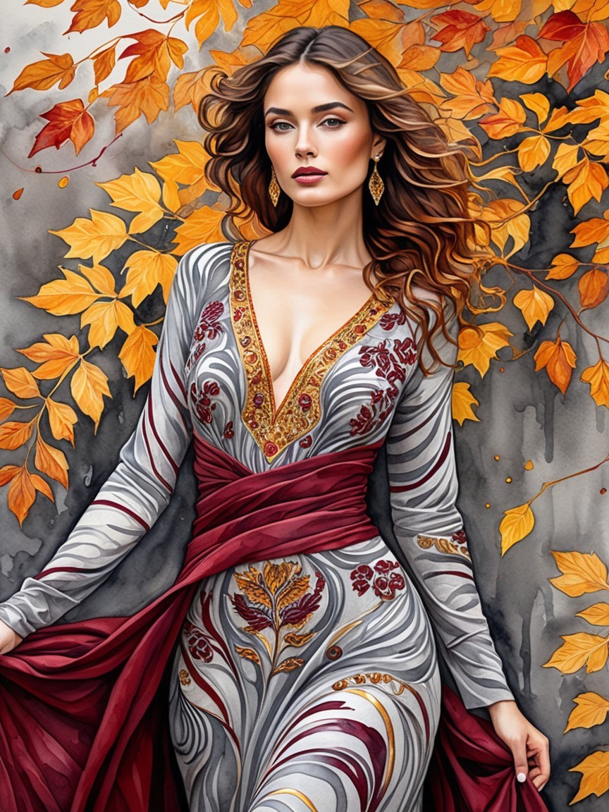 Elegant Woman in Vibrant Autumn Leaves and Dress