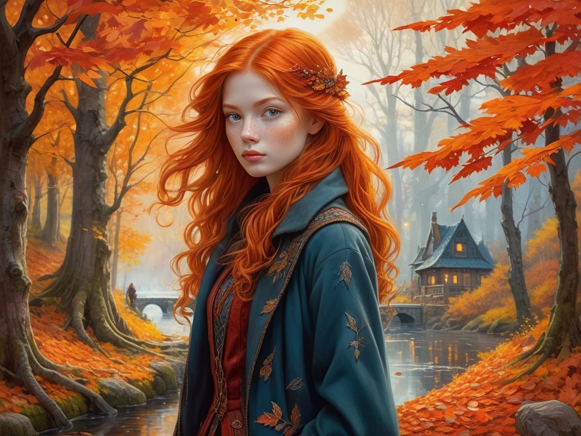 Young girl in enchanted forest with autumn foliage