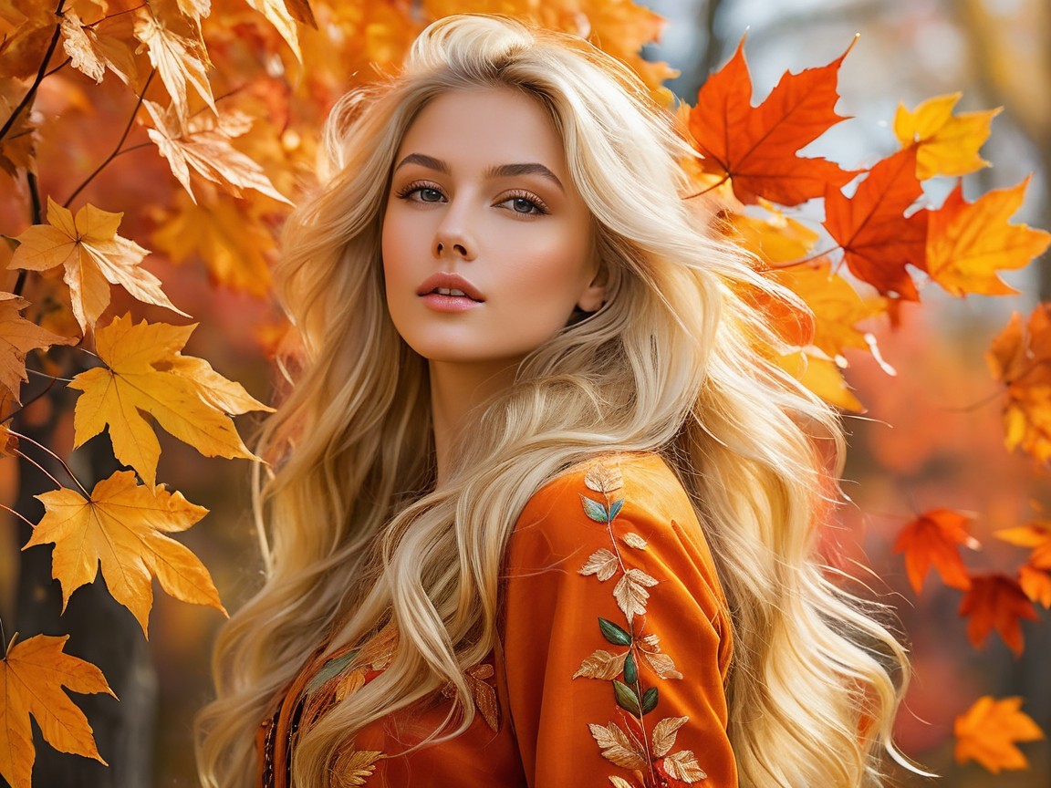 Young woman in orange blouse among autumn leaves