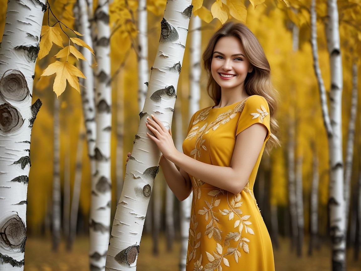 Young Woman in Yellow Dress Among Birch Trees
