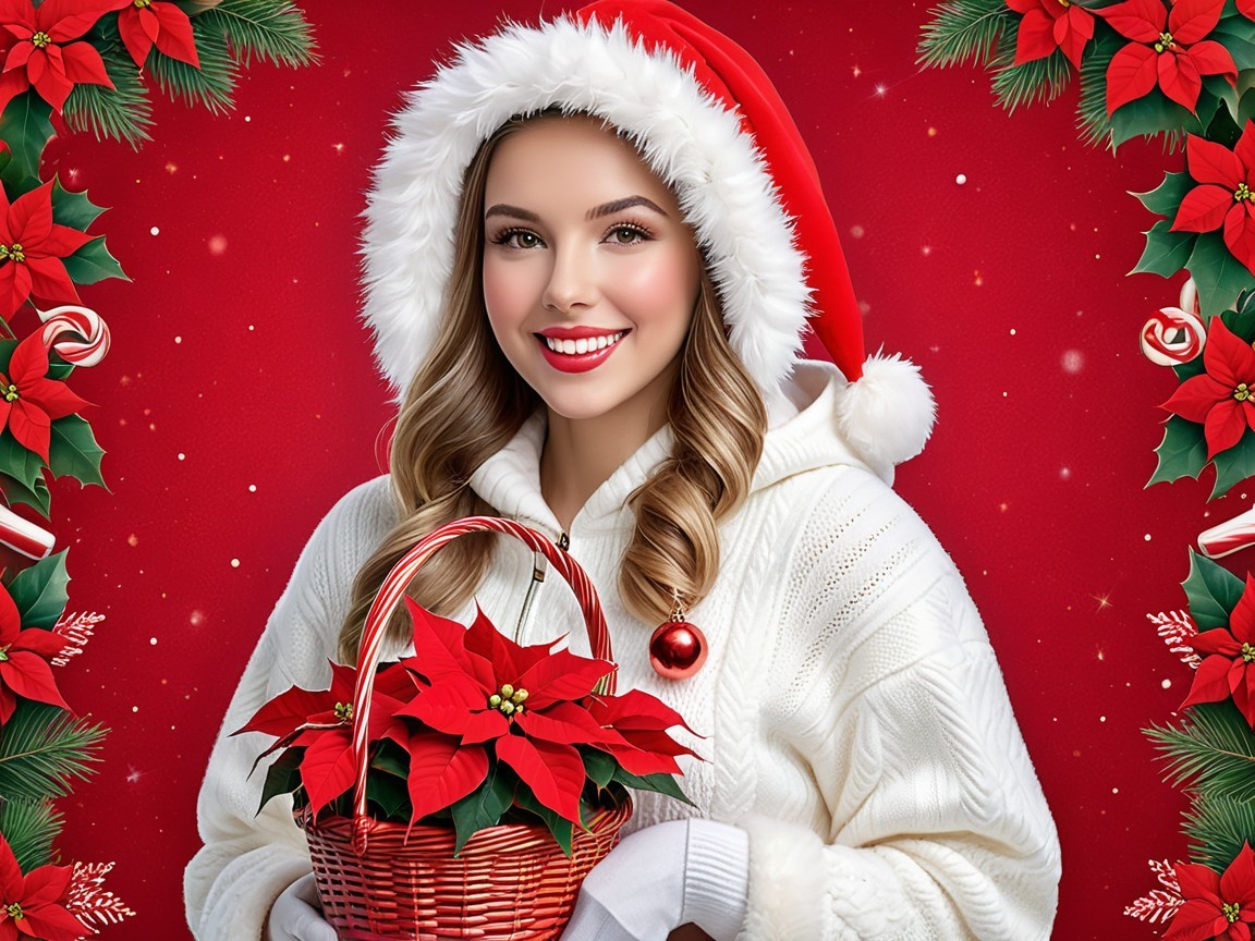 Female model in Santa hat with Christmas decor