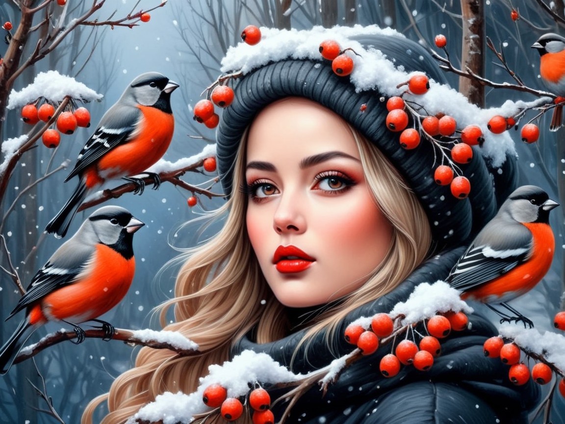 Winter Scene with Woman, Snowflakes, and Colorful Birds