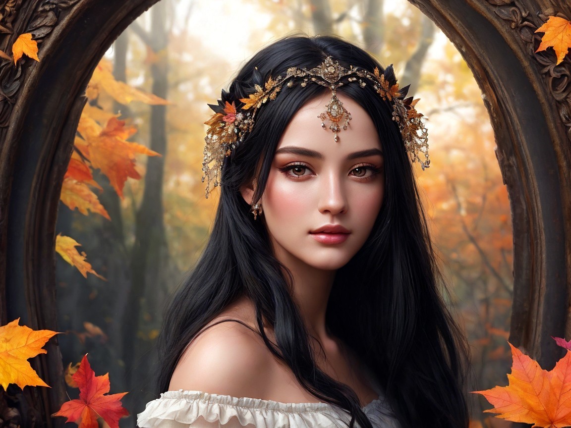 Young Woman in Ornate Mirror Surrounded by Autumn Leaves