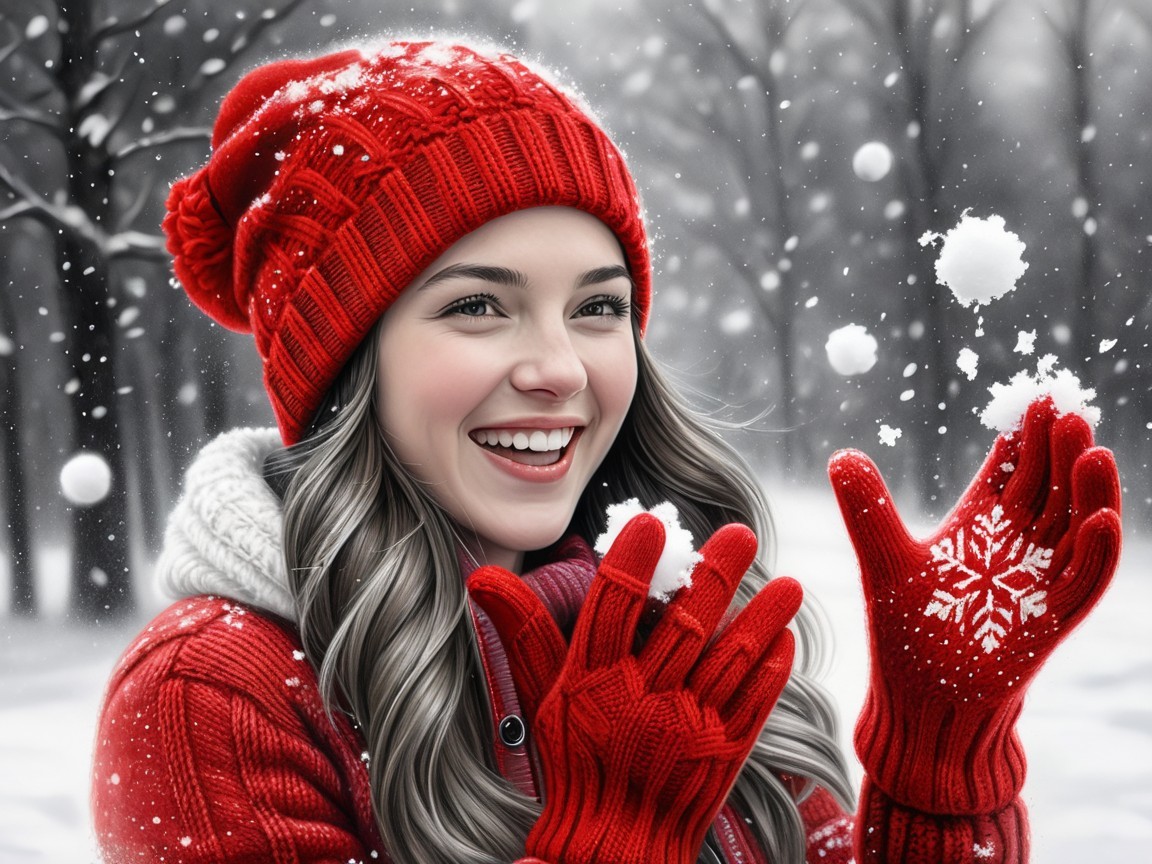 Cheerful woman in red beanie enjoys snowy landscape