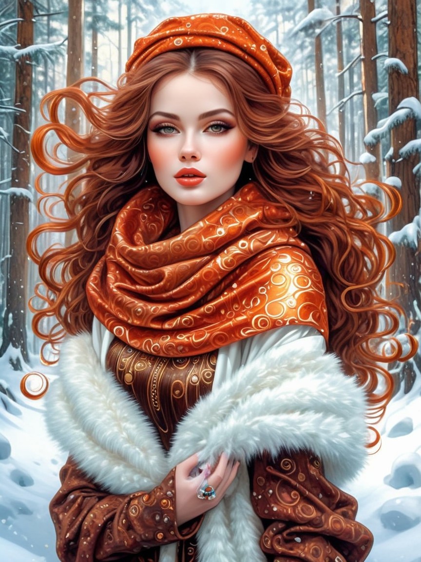 Young woman in snowy forest with elegant attire