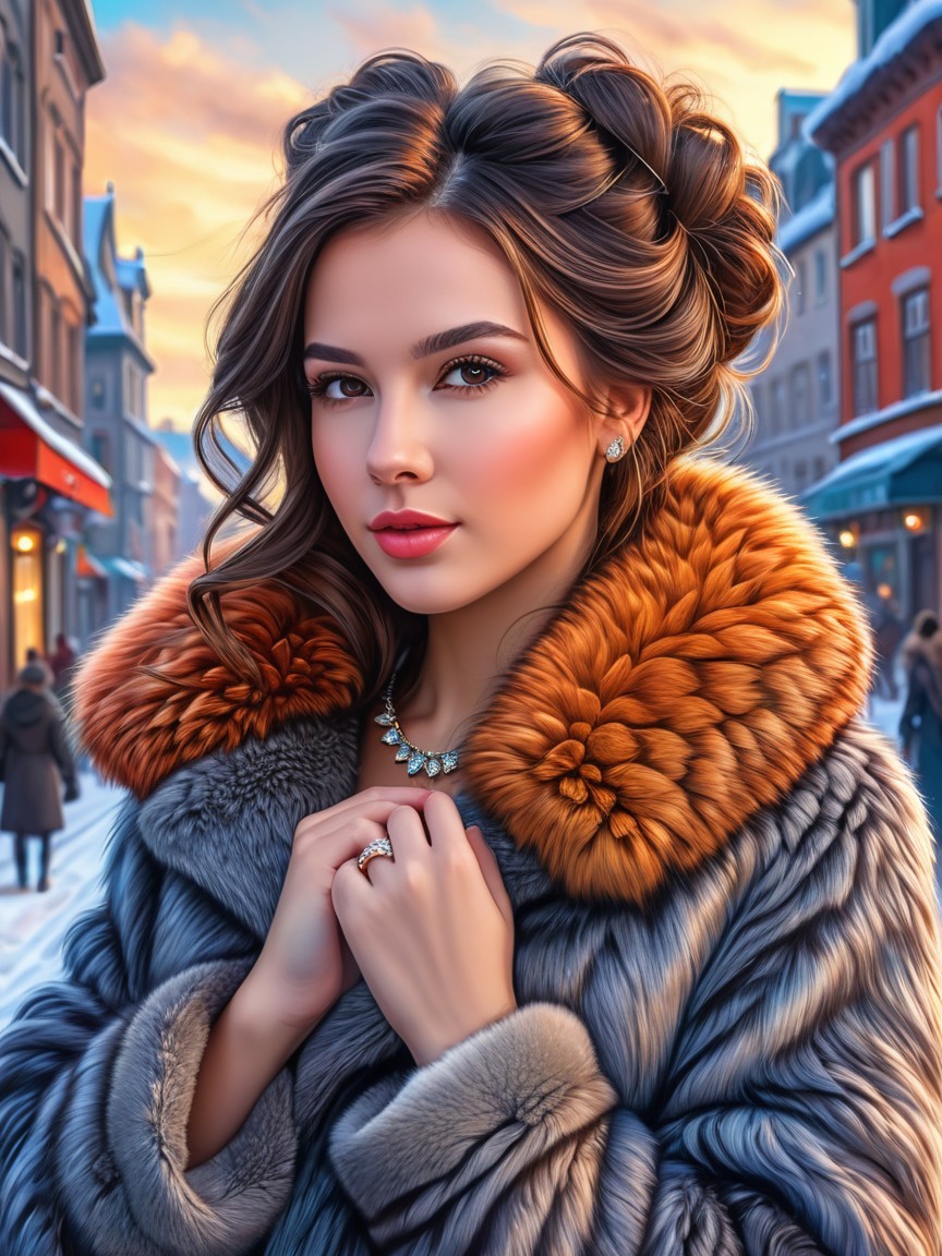 Winter Street Scene with Woman in Fur Coat and Jewelry