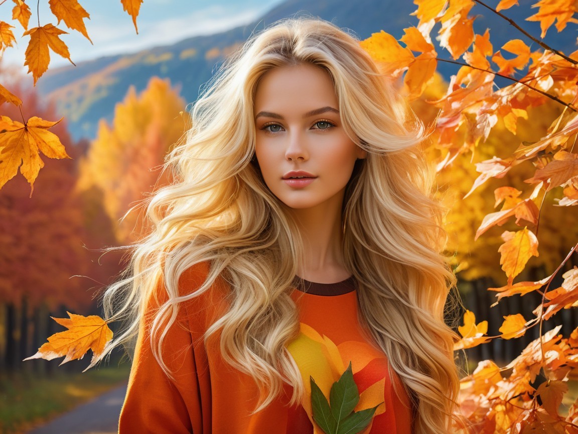 Young Woman in Autumn Landscape with Colorful Leaves