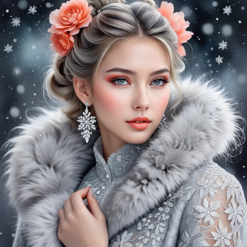 Young woman in fur coat with flowers and snowflakes