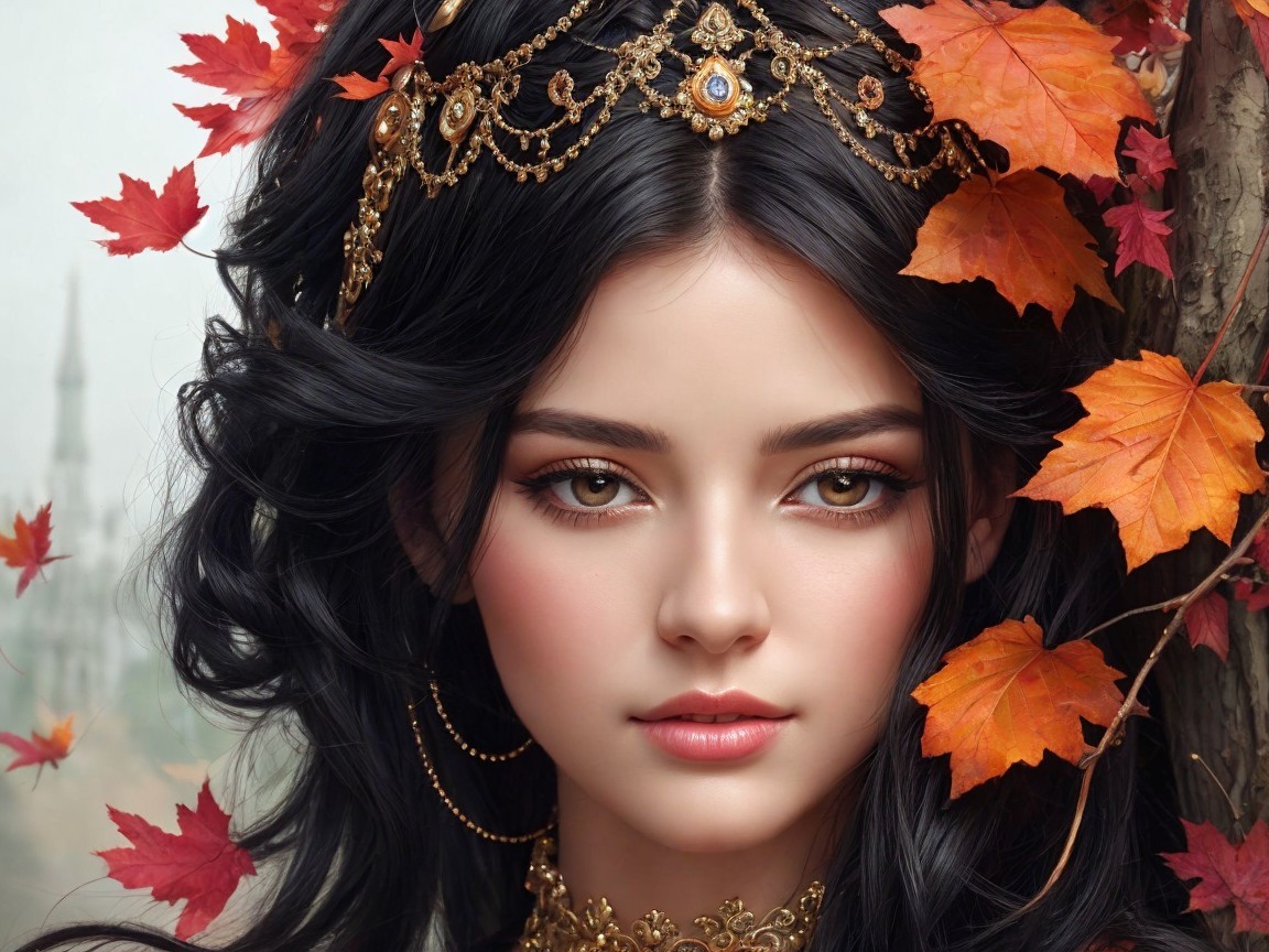 Close-up Portrait of Woman with Autumn Leaves and Jewelry