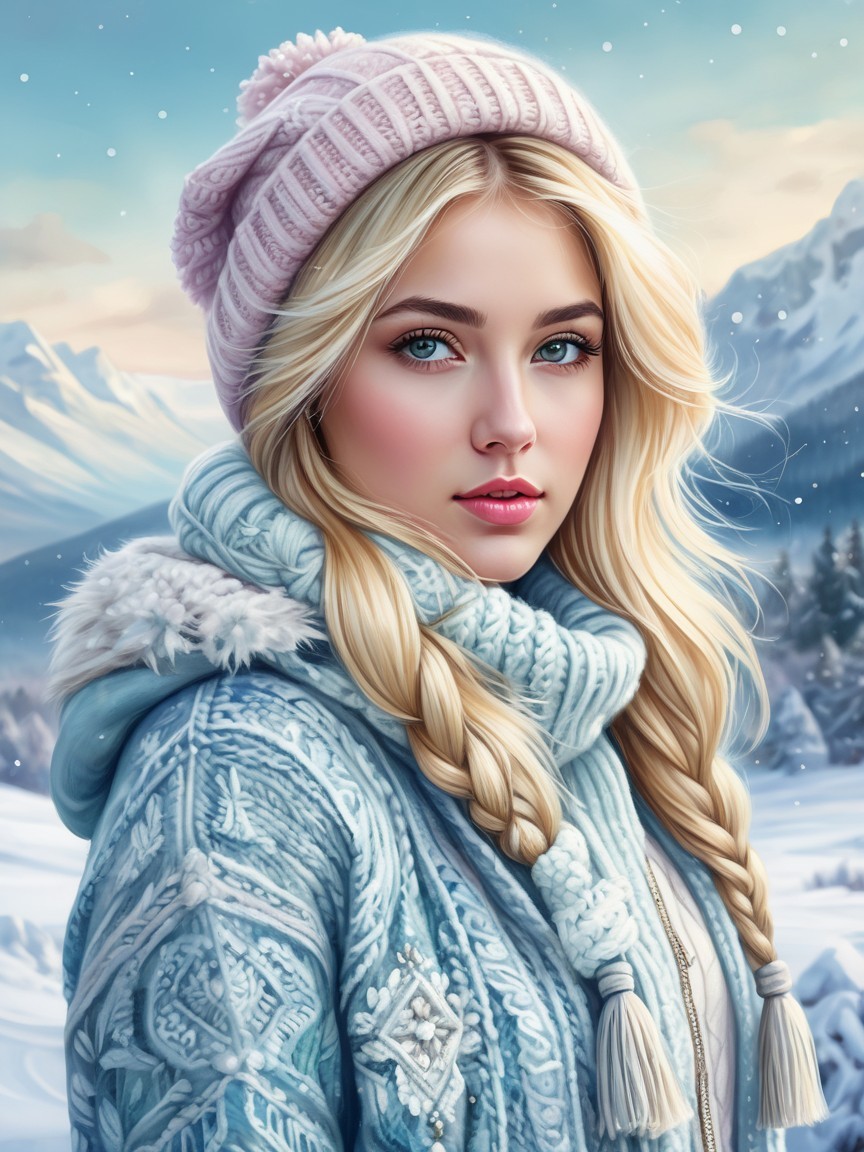 Young woman in blue sweater in winter landscape