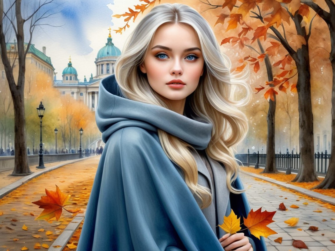 Young Woman in Blue Cloak on Autumn Street