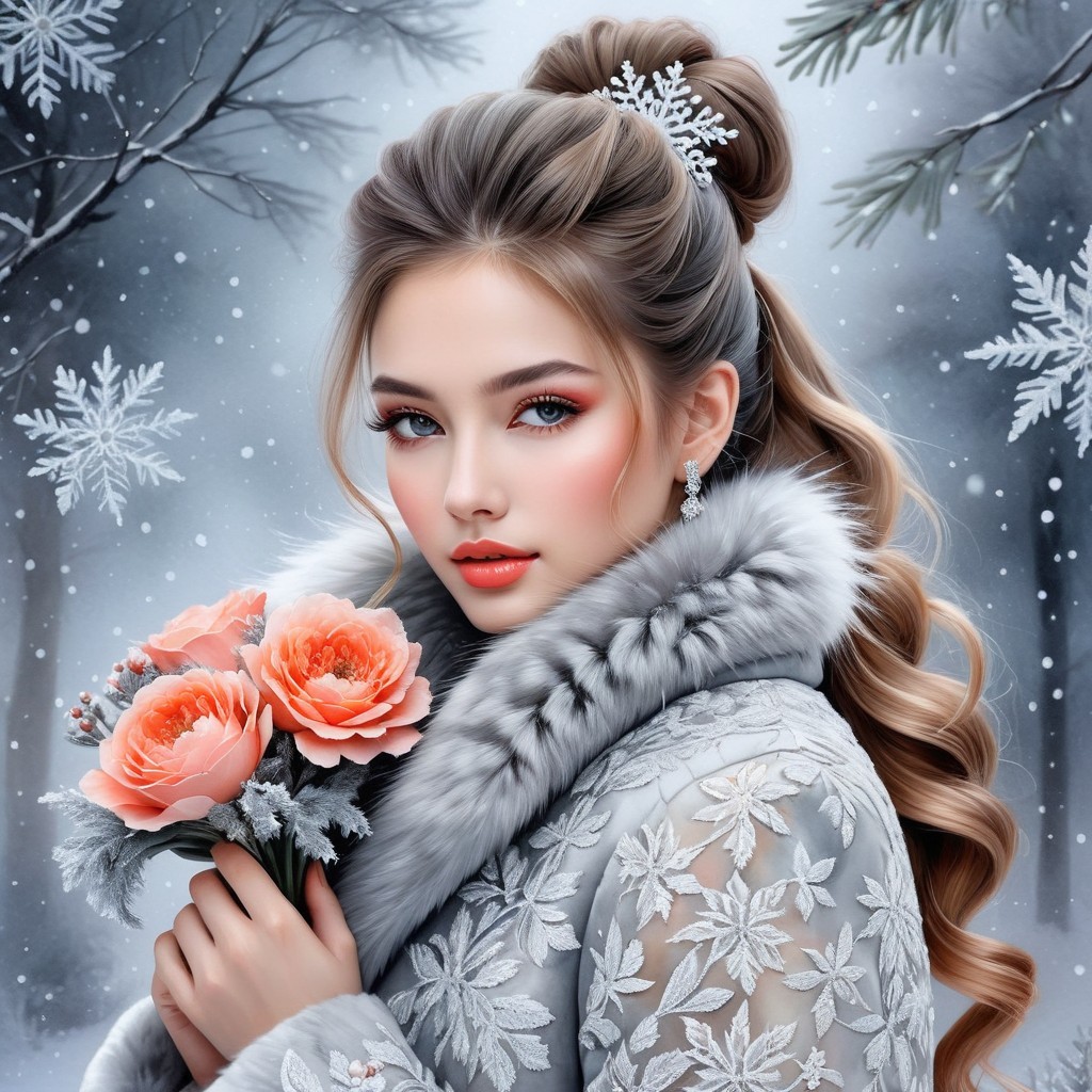 Young woman in fur coat with pink roses in snow