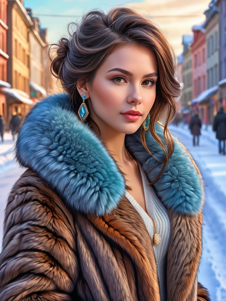 Young Woman in Fur Coat on Snowy Street