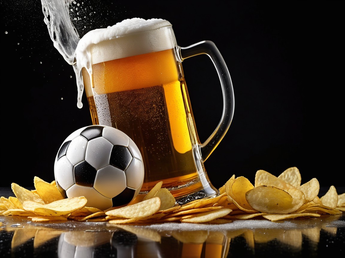 Golden Beer with Chips and Soccer Ball in Dark Setting