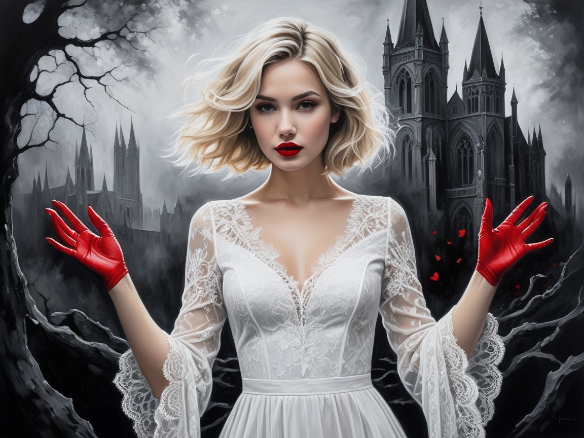 Woman in White Dress with Gothic Castle Background