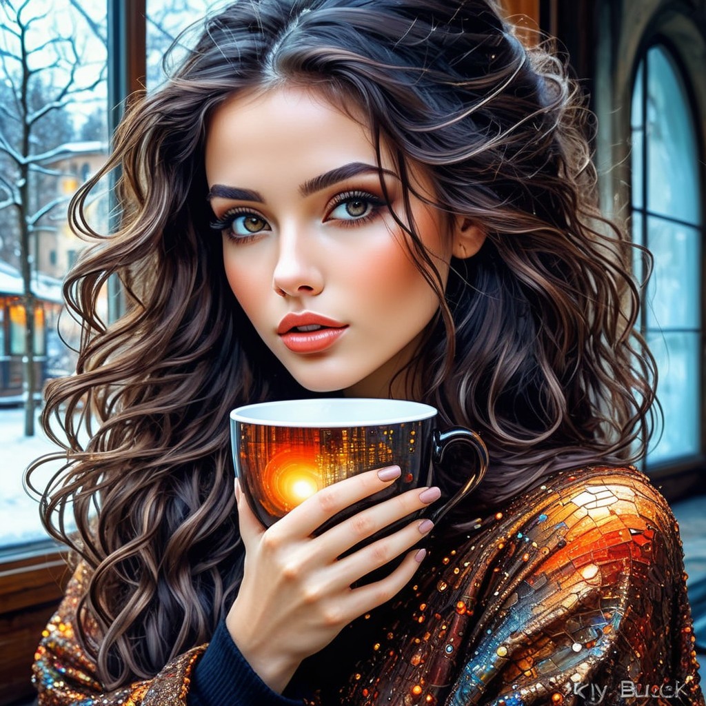 Young woman with curly hair by a window in winter