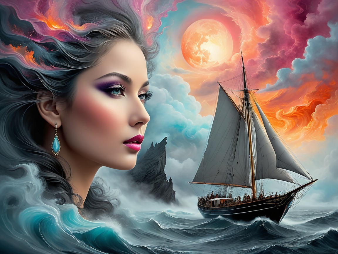 Mystical Landscape with Woman and Sailing Ship