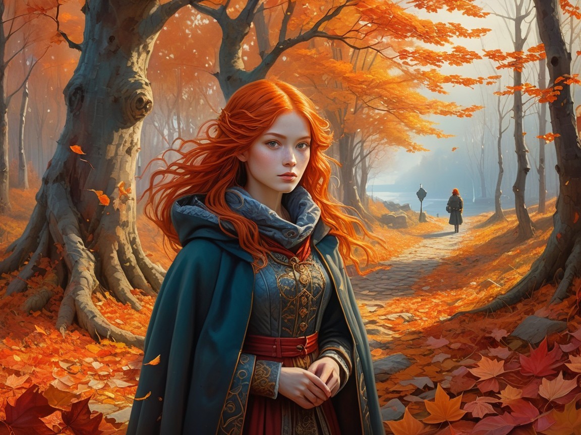 Autumn Landscape with Young Woman in Cloak and Leaves