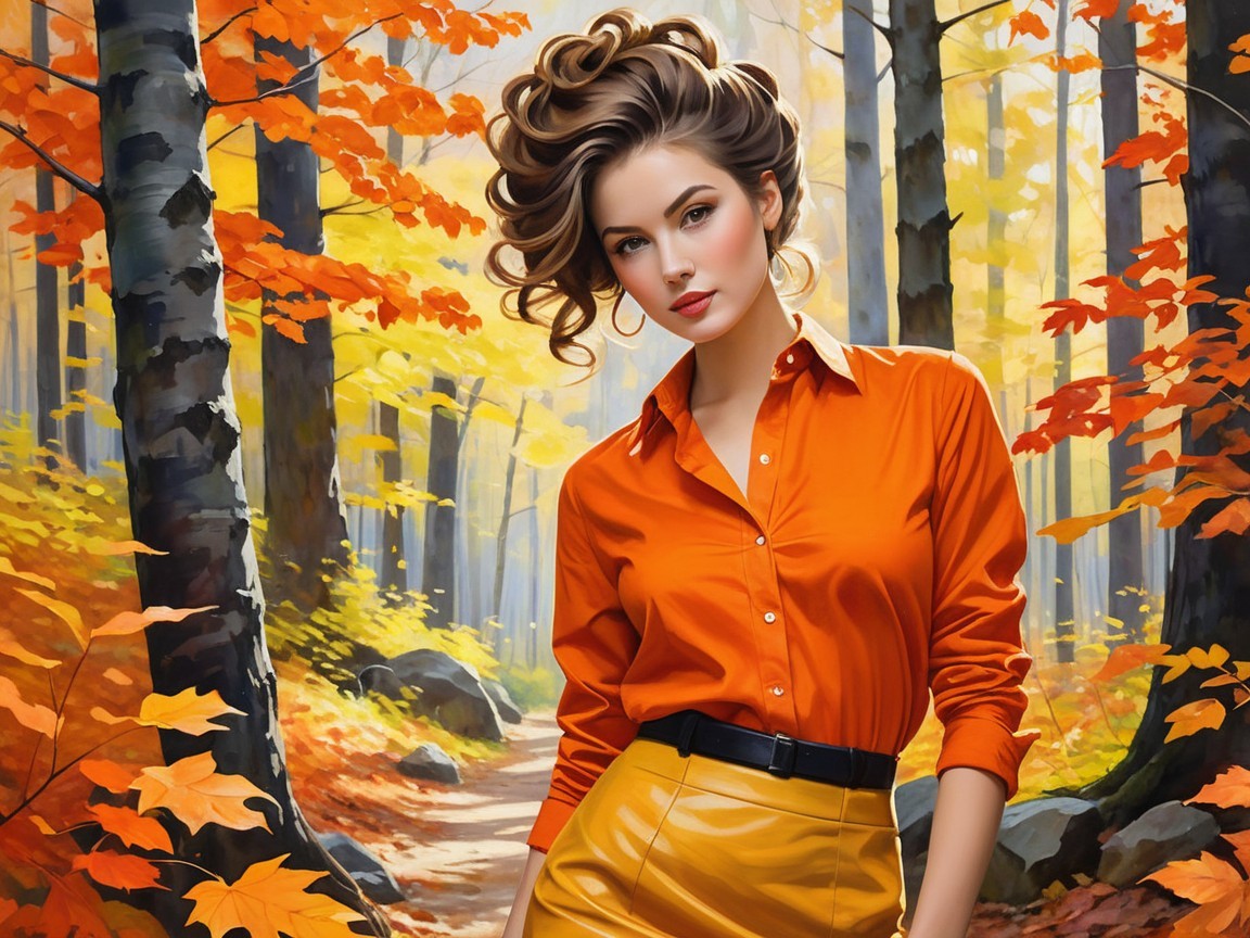 Young Woman in Vibrant Autumn Forest Setting