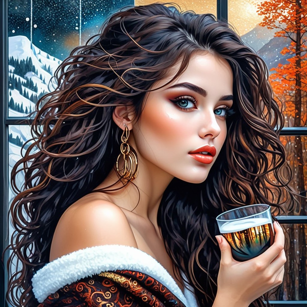 Young Woman with Curly Hair and Scenic Reflection