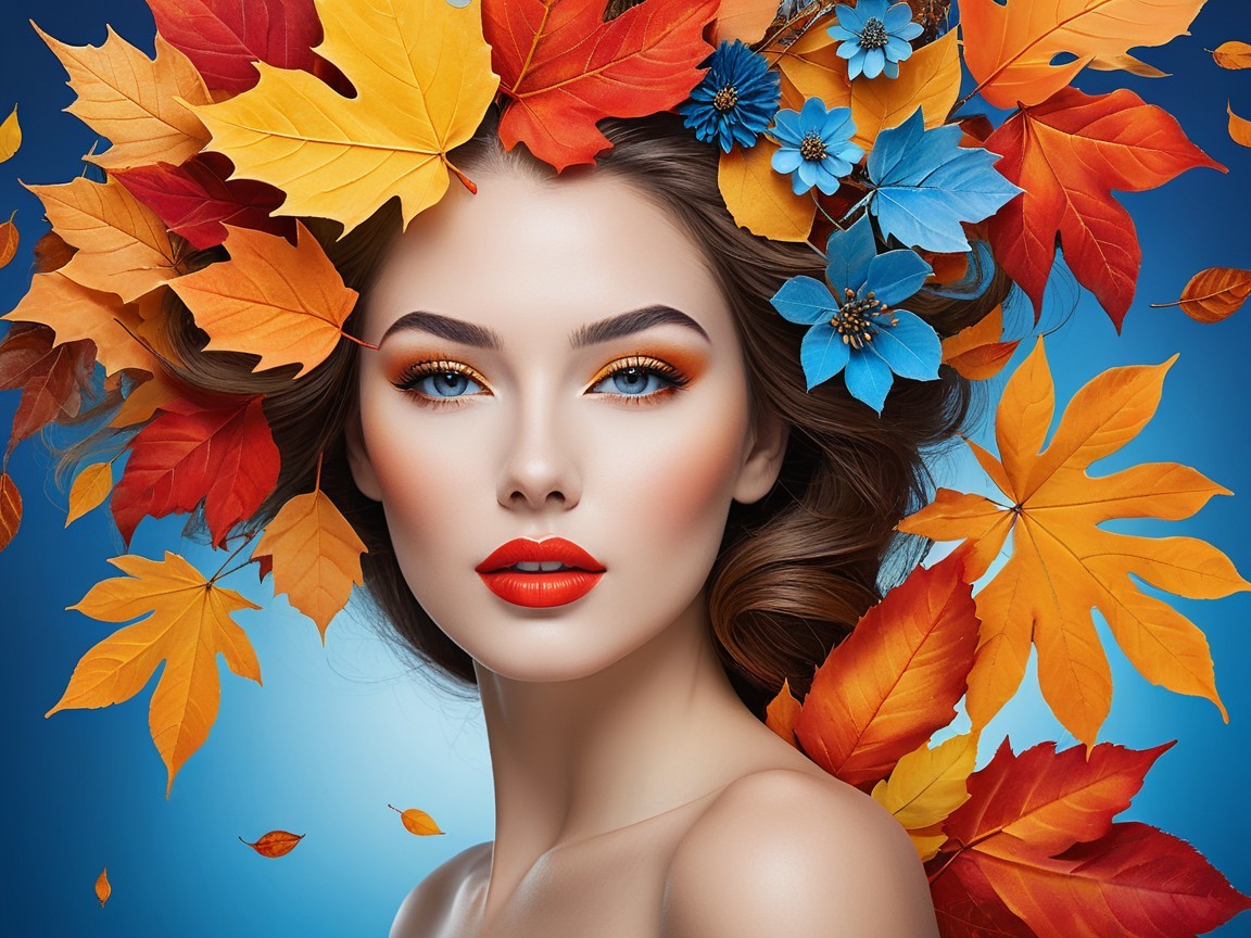 Portrait of a woman with autumn leaves and flowers