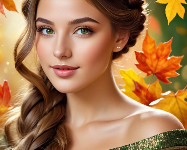 Young woman in green top among autumn leaves