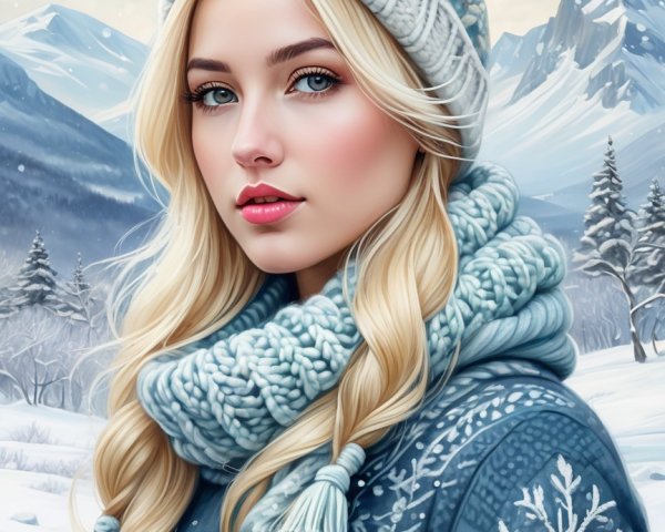 Winter Scene with Young Woman in Cozy Blue Attire