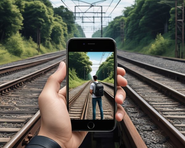 Person at Railway Tracks with Smartphone Displaying Scene